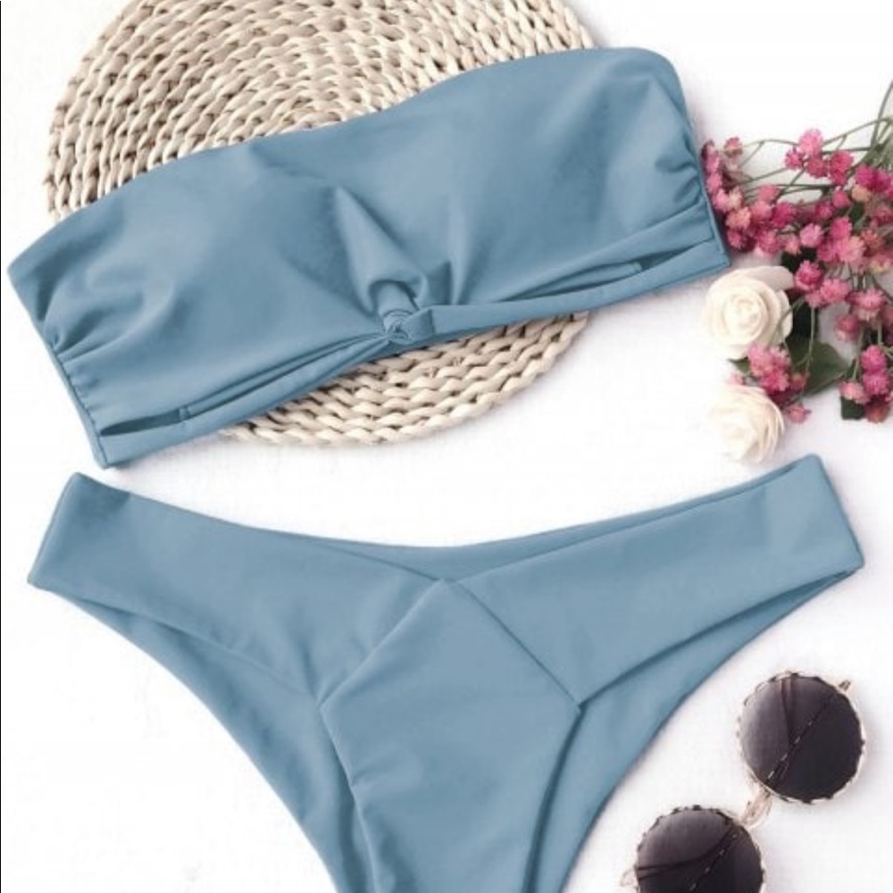 Knot Padded Bandeau Bikini Set - Blue S